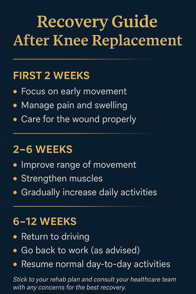 Knee replacement recovery infographic by Khaldoun Bitar, hip and knee surgeon, showing 3 phases: early movement, rehab, and return to daily activities.