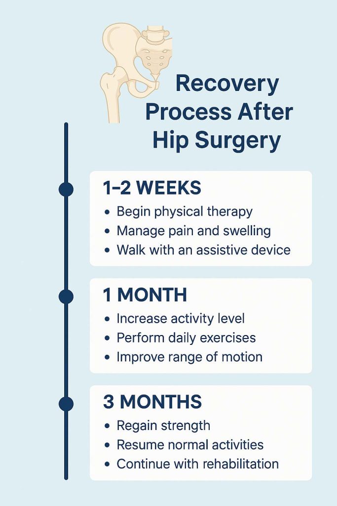 Infographic explaining hip replacement recovery timeline and stages
